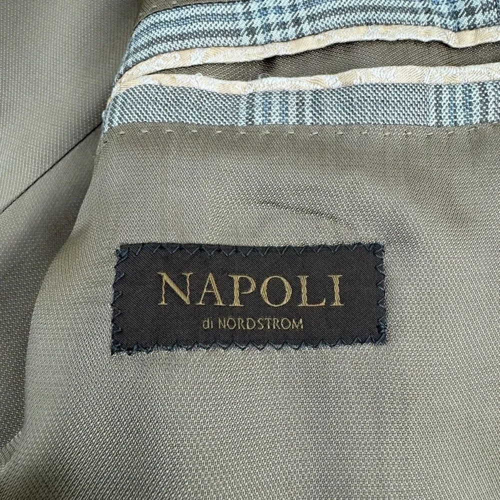 Napoli di Nordstrom Brown & Blue Plaid EThomas Wool Silk Blazer Mens‎ Size 42L